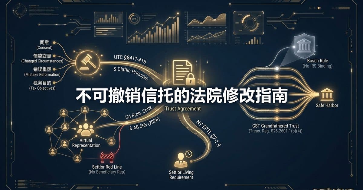 法院修改不可撤销信托 2026 完全指南:何时必须上庭(UTC §411 同意修改、§412 情势变更、§415 错误重塑、§416 税务目的修改)、加州 Prob. Code §15403/§15404/§15409 与 2026 年 AB 565 虚拟代表、纽约 EPTL §7-1.9 设保人须在世限制、Bosch 规则下州法院法令对国税局没有拘束力、GST 祖父信托 Treas. Reg. §26.2601-1(b)(4) 安全港与四路径对照(截至 2026 年 8 月核验) — 美国高净财务指南博客封面图
