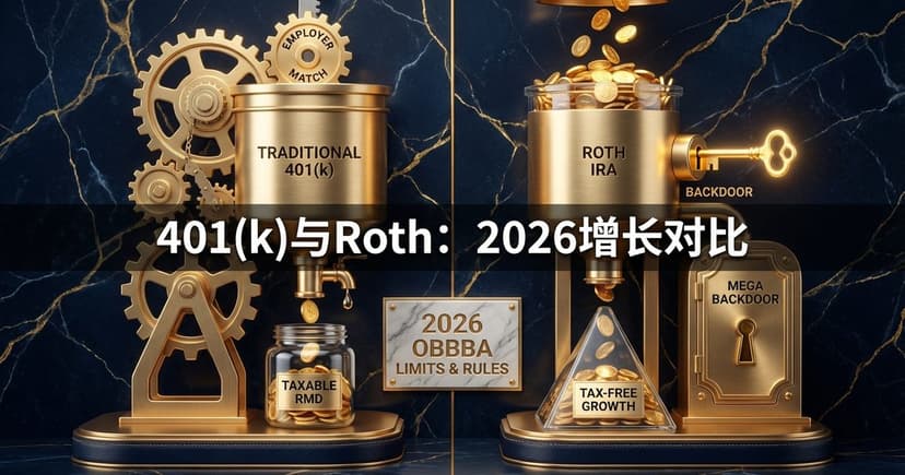 深色大理石背景上金色机械装置对比图:左侧Traditional 401(k)齿轮容器标注Employer Match,下方罐子标注Taxable RMD;右侧Roth IRA金币溢出容器配金钥匙Backdoor入口、Mega Backdoor保险门和Tax-Free Growth金三角,中央大理石铭牌写2026 OBBBA Limits & Rules