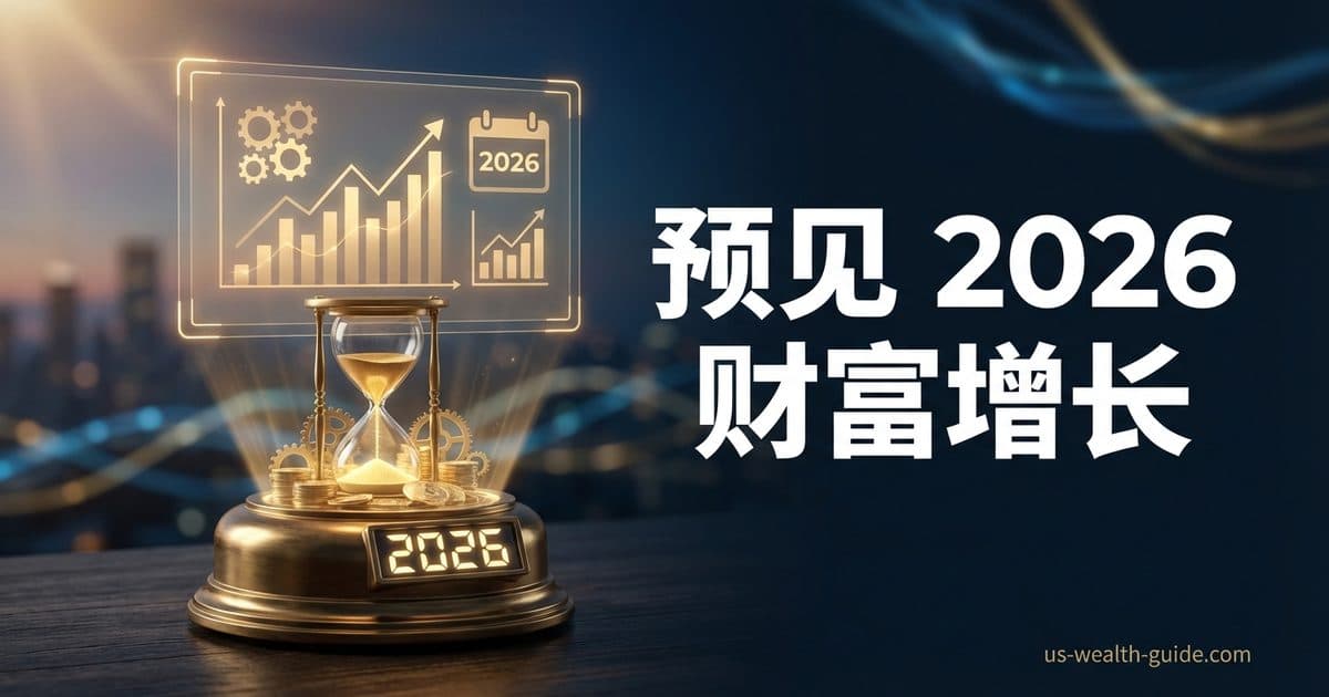 金色沙漏置于底座上显示2026数字,周围散落金币和齿轮,上方悬浮全息投影面板展示递增柱状图和2026日历图标,深色城市天际线背景配金色光带,标题'预见2026财富增长'