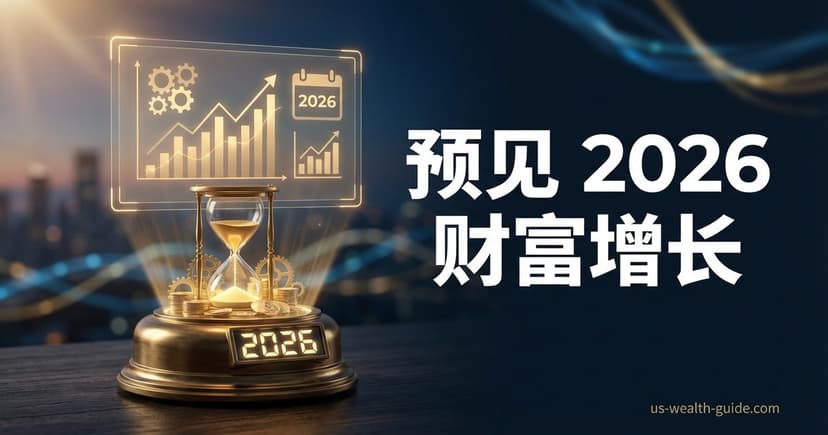 金色沙漏置于底座上显示2026数字,周围散落金币和齿轮,上方悬浮全息投影面板展示递增柱状图和2026日历图标,深色城市天际线背景配金色光带,标题'预见2026财富增长'