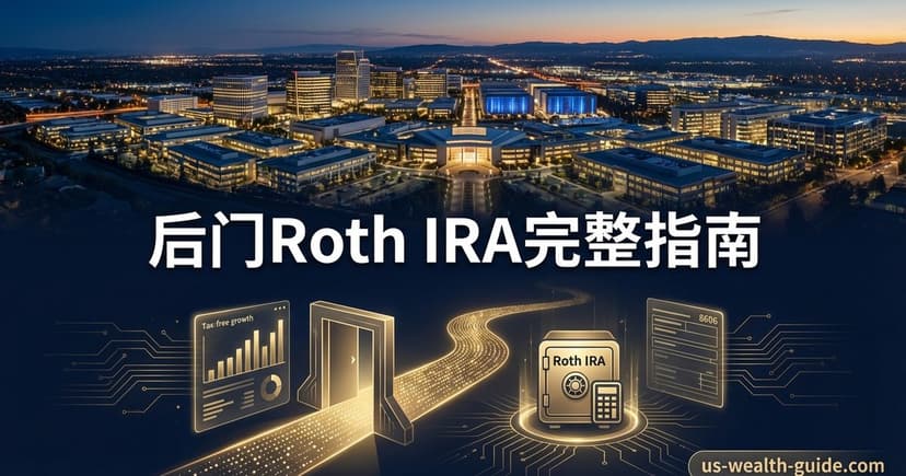 硅谷科技园区黄昏鸟瞰图,左下Tax-free growth柱状图面板通过金色小门连接蜿蜒路径至右侧Roth IRA金色保险箱,旁边Form 8606电路板文件,标题'后门Roth IRA完整指南'