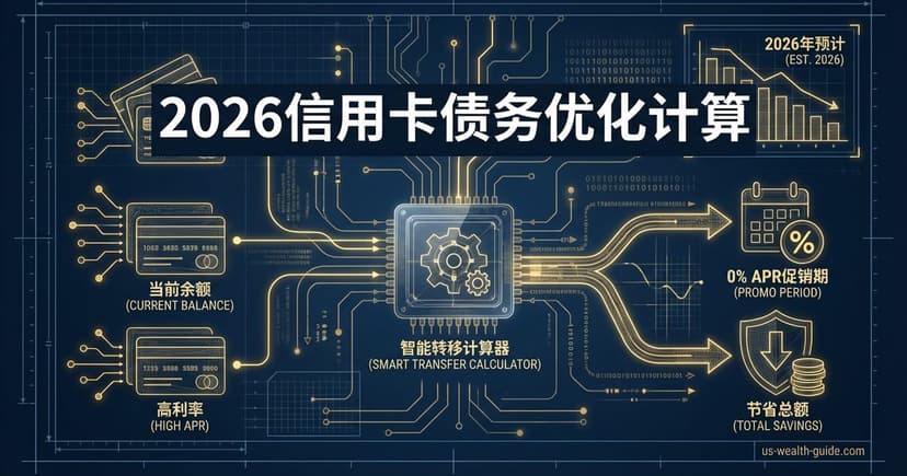 电路板蓝图美学:两张信用卡标注当前余额和高利率,通过线路连接中央智能转移计算器芯片,输出端分别显示0% APR促销期和节省总额金币图标,标题'2026信用卡债务优化计算'