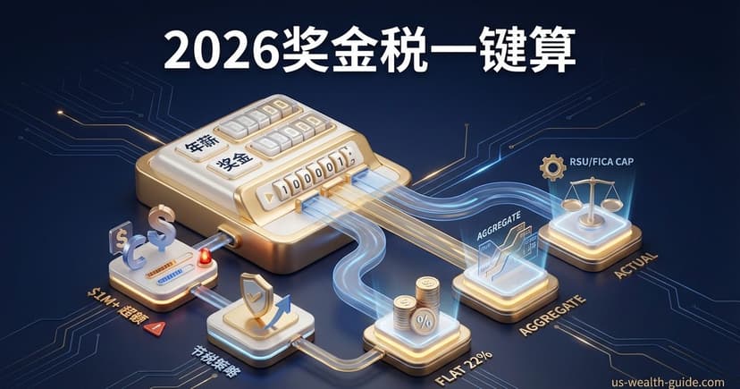 等距电路板风格深蓝背景:中央金色计算器标注年薪/奖金输入,流线连接三个输出平台Flat 22%、Aggregate图表和Actual天平秤,右上RSU/FICA CAP标签,左下$1M+超额红色警告三角和节税策略盾牌图标,金币堆叠百分号