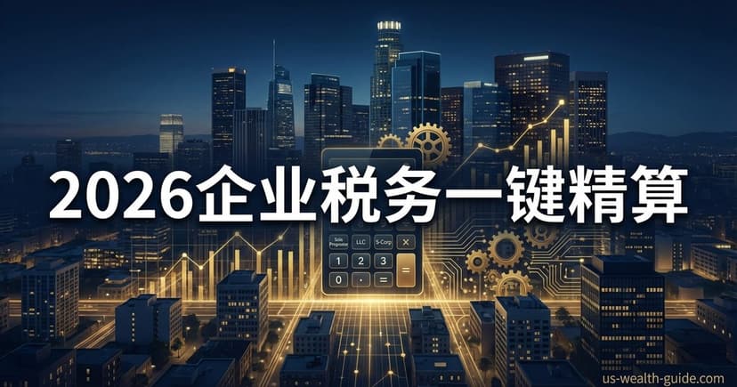 夜景城市天际线前方大型金色计算器显示Sole Proprietor/LLC/S-Corp标签页和数字键盘,背景递增柱状图和齿轮机械图标,金色光束从底部射出,标题'2026企业税务一键精算'
