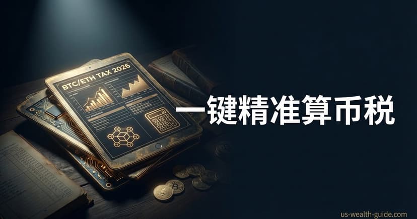 深色背景上金色平板显示BTC/ETH TAX 2026界面,含柱状图和计算器图标,旁边散落比特币和以太坊实体硬币,右侧白色粗体中文标题'一键精准算币税'