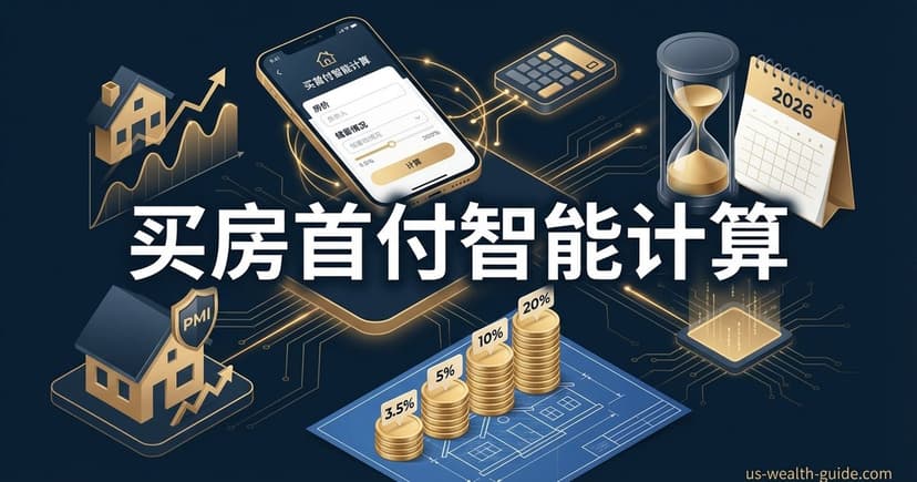等距风格深色插图:手机计算器界面居中,蓝图上3.5%至20%递增的金币柱状图,带PMI盾牌的小房子和2026日历沙漏,标题'买房首付智能计算'