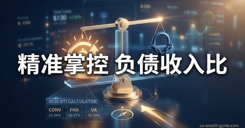金色天平称量美元符号与锁链,深蓝色背景叠加金融数据面板,显示2026 DTI Calculator及Conventional/FHA/VA贷款DTI上限,标题'精准掌控 负债收入比'