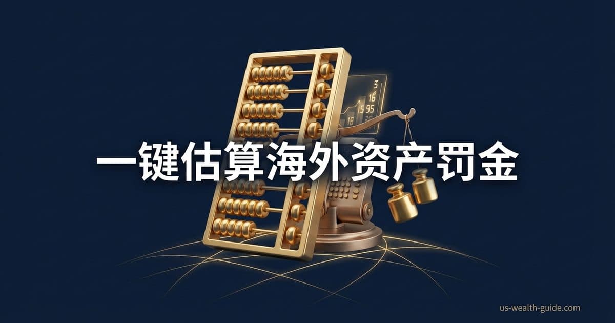 深蓝背景上金色算盘与天平秤组合,算盘旁显示数字16/15.95的罚金计算屏幕,天平两端挂砝码象征罚金权衡,底部金色全球网格线条,标题'一键估算海外资产罚金'