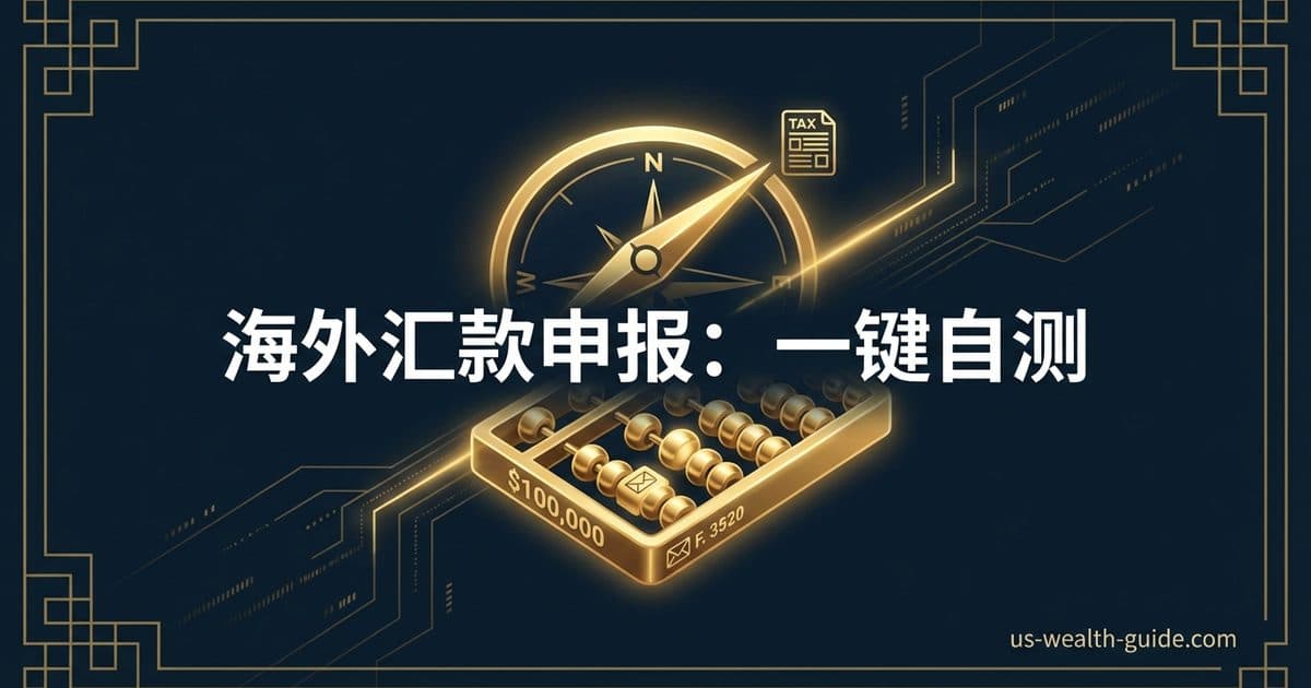 深蓝电路板背景上金色指南针指向$100,000门槛刻度,旁边金色算盘标注F.3520信封图标,右上角TAX税表文件,中式边框装饰,标题'海外汇款申报:一键自测'