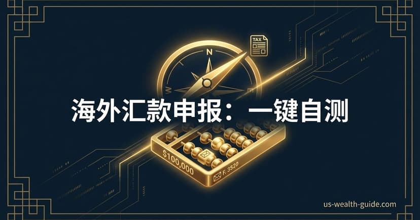 深蓝电路板背景上金色指南针指向$100,000门槛刻度,旁边金色算盘标注F.3520信封图标,右上角TAX税表文件,中式边框装饰,标题'海外汇款申报:一键自测'