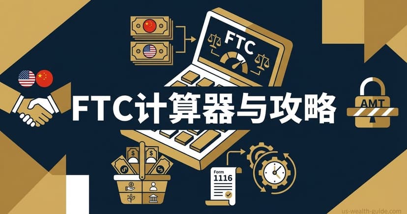 金黑色等距插图:中美国旗握手、FTC笔记本电脑计算器、美元人民币钞票流向、收入分类篮子、Form 1116文件、AMT锁图标、齿轮时钟结转符号,标题'FTC计算器与攻略'