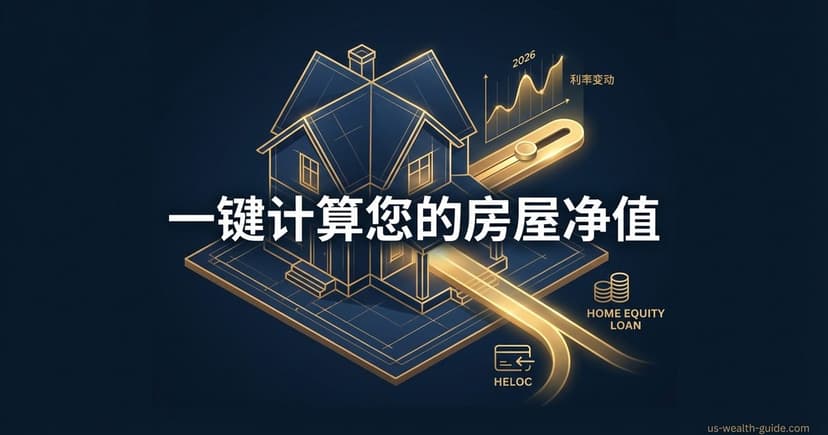 蓝图线框风格房屋在深色背景上,金色流线连接HELOC和Home Equity Loan标签,右上角利率变动折线图标注2026,标题'一键计算您的房屋净值'