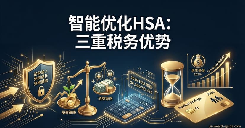 金色与深蓝色信息图:左侧盾牌标注前税输入/免税成长/免税提取,天平秤标注消费策略,中央金色计算器显示2026 HSA限额$4,300/$8,550,右侧沙漏、复利增长曲线图和Medical Savings卡片,标题'智能优化HSA:三重税务优势'