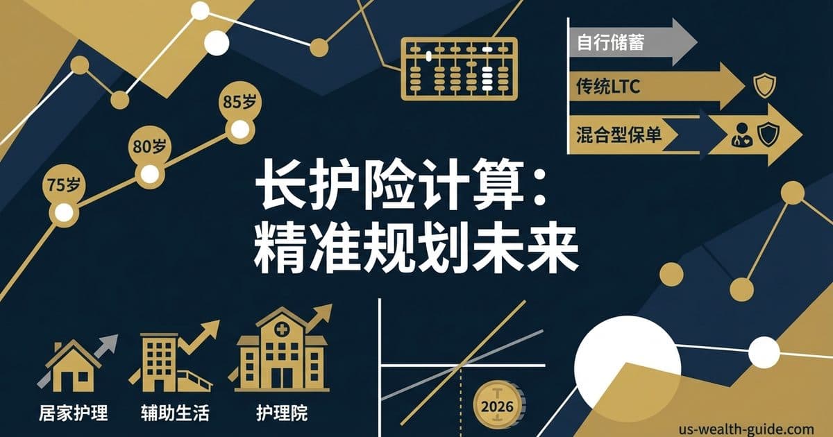 深蓝背景信息图:左上方年龄时间线标注75岁/80岁/85岁连线上升,右侧三个箭头对比自行储蓄/传统LTC/混合型保单方案,底部三个建筑图标代表居家护理/辅助生活/护理院,2026年饼图,标题'长护险计算:精准规划未来'