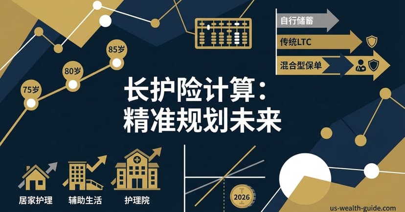 深蓝背景信息图:左上方年龄时间线标注75岁/80岁/85岁连线上升,右侧三个箭头对比自行储蓄/传统LTC/混合型保单方案,底部三个建筑图标代表居家护理/辅助生活/护理院,2026年饼图,标题'长护险计算:精准规划未来'