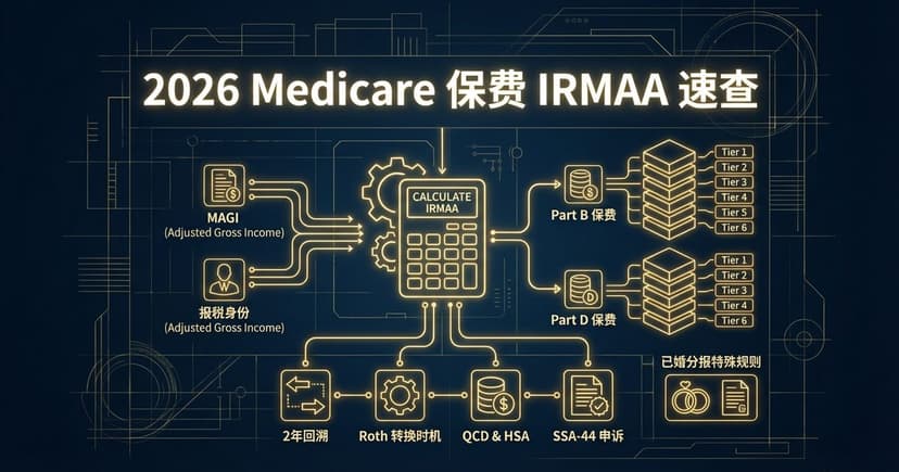 深蓝电路板风格流程图:左侧MAGI和报税身份输入通过管线连接中央CALCULATE IRMAA引擎,右侧分叉输出Part B保费和Part D保费各6个Tier等级,底部四个策略图标:2年回溯、Roth转换时机、QCD & HSA、SSA-44申诉,标题'2026 Medicare 保费 IRMAA 速查'