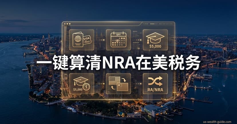 曼哈顿夜景鸟瞰图上悬浮半透明面板,六个金色图标格:VISA护照、SPT日历勾选、$5,000学生帽、$5,000奖学金硬币、美中国旗双向箭头、RA/NRA身份切换,标题'一键算清NRA在美税务'
