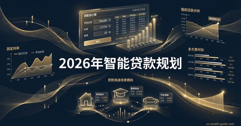 数据可视化风格:贷款计算界面显示利率3.77%和还款明细表,周围环绕固定vs浮动利率折线图、提前还款分析图表、多方案对比柱状图及房贷/教育/汽车三种用途场景卡片,标题'2026年智能贷款规划'
