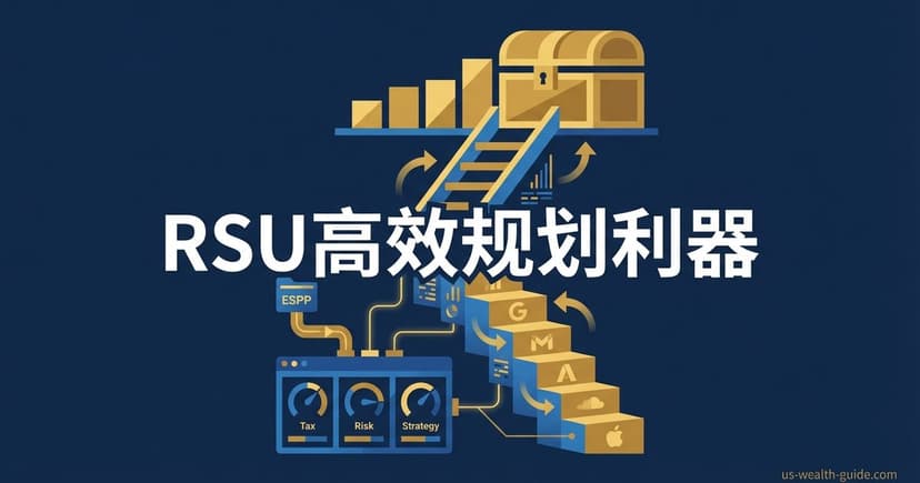 深蓝扁平插图:金色阶梯式归属时间线通向宝箱(递增柱状图),右侧Google/Meta/Amazon/Apple公司标志台阶,左下ESPP面板和三个仪表盘标注Tax/Risk/Strategy,管道连接各模块,标题'RSU高效规划利器'