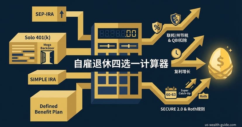 自雇退休账户选择计算器 2026 — SEP-IRA vs Solo 401(k) vs SIMPLE IRA vs DB Plan 贡献上限·节税对比