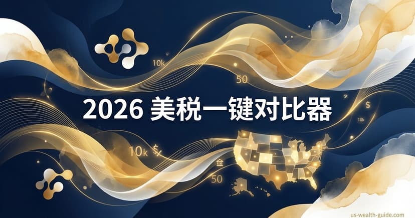深蓝背景上金色流动波浪线条,右下方美国地图轮廓以金色高亮各州边界,浮动数字$10K和50及美元符号,左上方抽象分子图标,标题'2026 美税一键对比器'