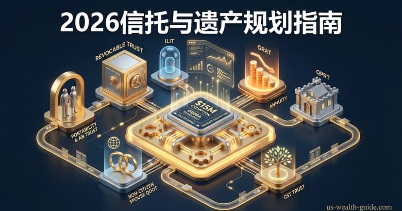 3D等距插图:中央金色芯片标注$15M EXEMPTION和OBBBA PERMANENT,环形管道连接七种信托类型——Revocable Trust保险柜、ILIT玻璃罩、GRAT金币台、QPRT房屋、GST Trust树木、Non-Citizen Spouse QDOT地球和Portability & AB Trust夫妇剪影,标题'2026信托与遗产规划指南'