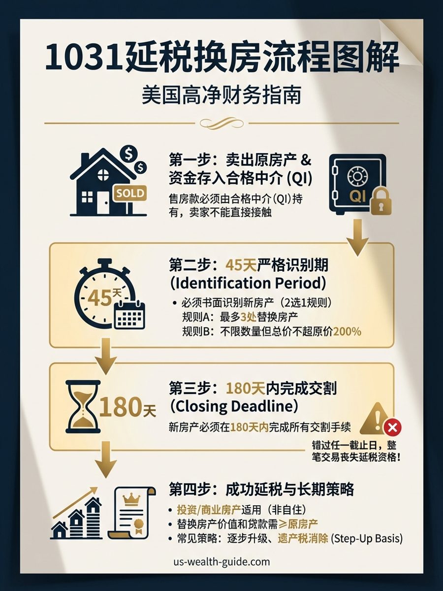 信息图：1031延税换房四步流程 — 45天识别期、180天交割期、合格中介要求与等值或以上置换规则