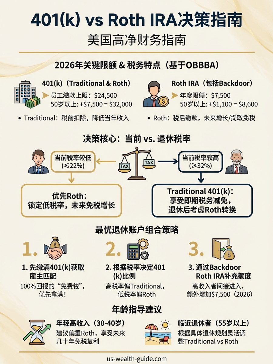 信息图：退休账户决策树 — 从收入水平和税率出发，经过年龄、雇主匹配和未来税预期四个决策节点，分流至Traditional 401(k)、Roth 401(k)、Traditional IRA和Roth IRA四种账户，标注2026年各账户限额