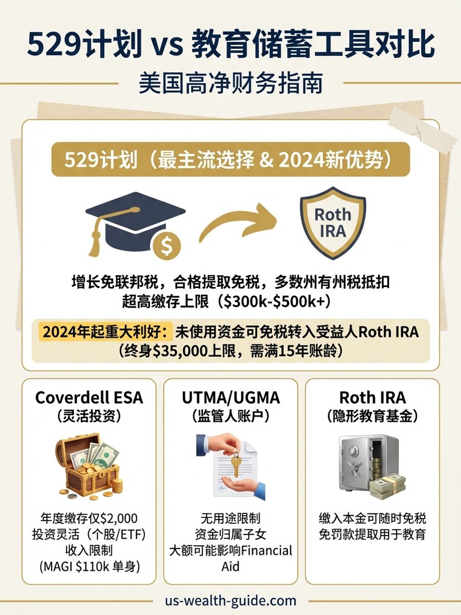 信息图：四种教育储蓄工具对比 — 529计划、Coverdell ESA、UTMA/UGMA和Roth IRA的缴存上限、税务优惠与用途限制