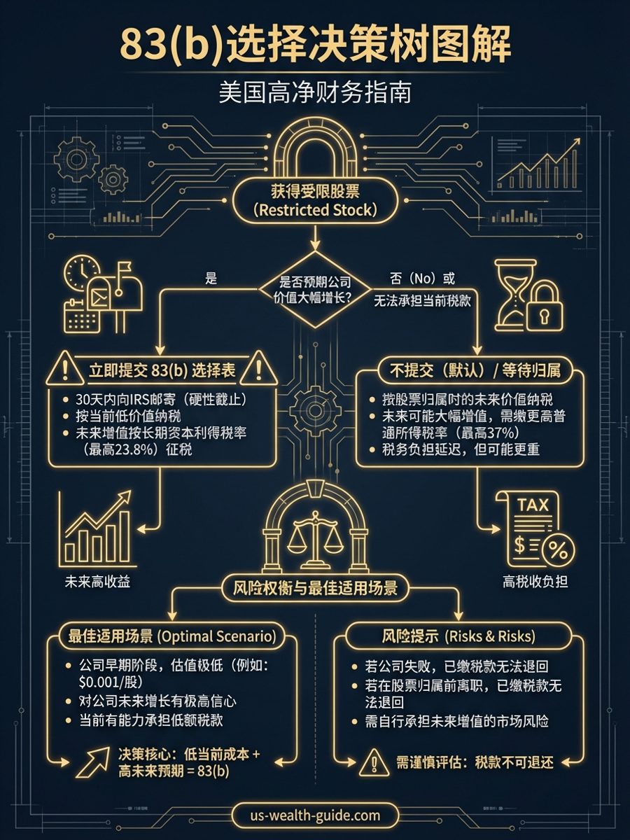 信息图：83(b)选择决策树 — 适用于早期创业公司股权，30天截止期限，提前纳税换取未来资本利得税率的决策流程