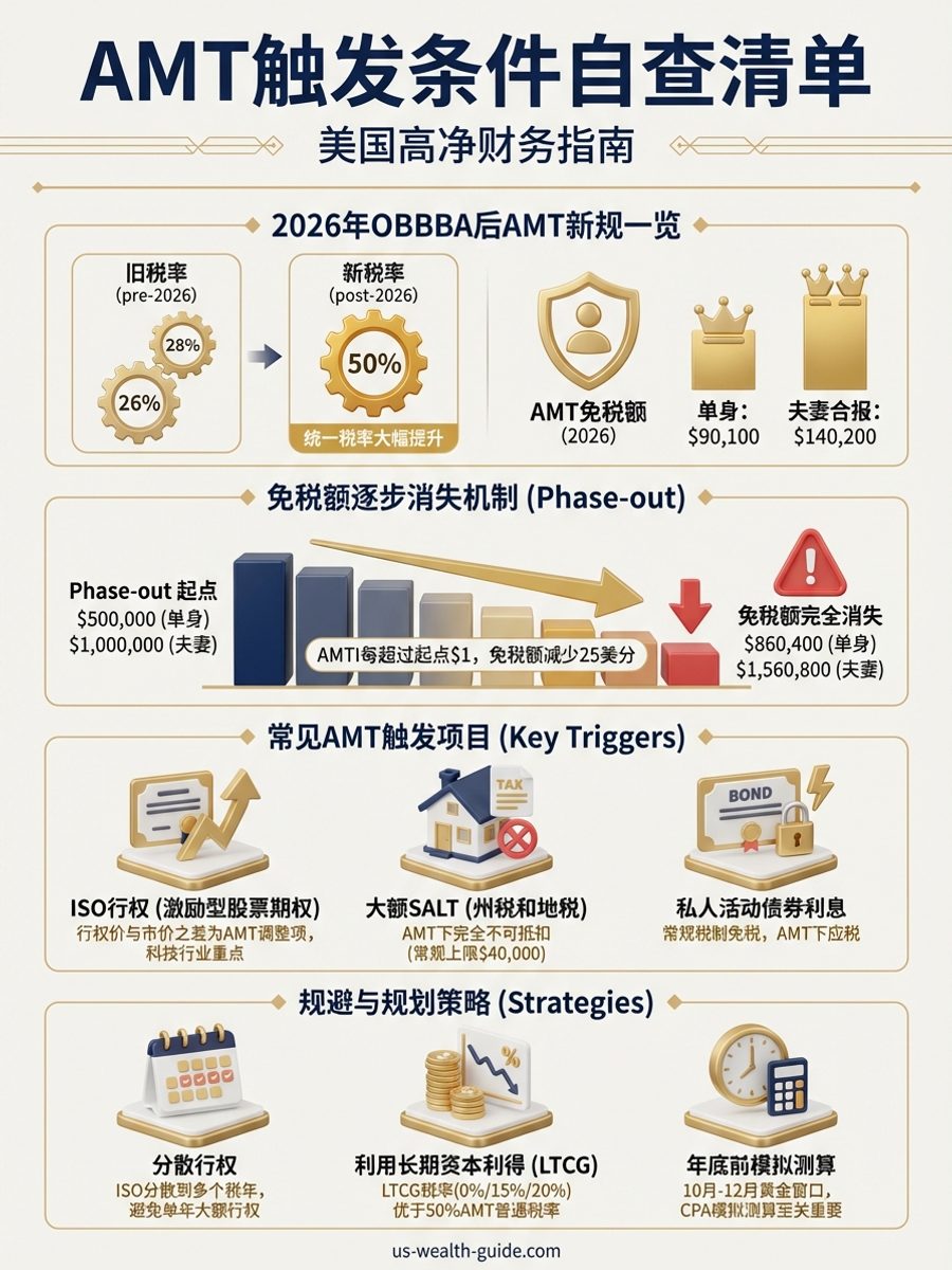信息图:2026年AMT自查清单 — OBBBA后AMT税率升至50%、免税额$90,100(单身)/$140,200(夫妻)、Phase-out起点$500K/$1M,列出八大常见触发项目:ISO行权、大额SALT、私人活动债券等,附规避策略