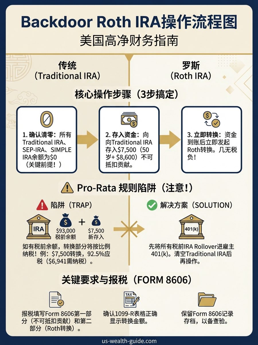 信息图:Backdoor Roth IRA六步操作流程 — 步骤1确认Traditional IRA余额为零、步骤2存入$7,500不可抵扣贡献、步骤3等待资金到账后立即转换至Roth IRA、步骤4填写Form 8606、Pro-Rata规则警告区和常见错误提示