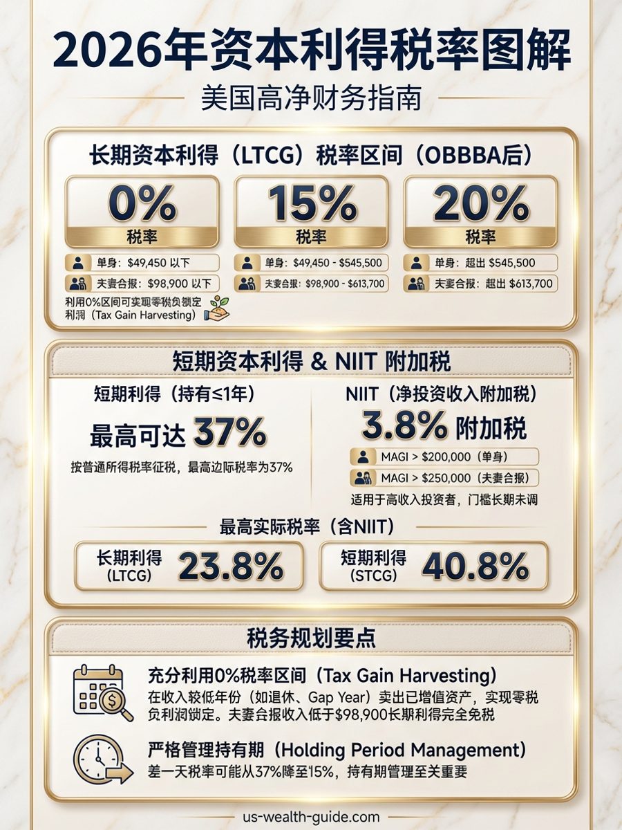 信息图：2026年OBBBA后资本利得税率三档阶梯图 — 单身0%（$0–$49,450）、15%（$49,451–$545,500）、20%（$545,501+），夫妻合报0%（$0–$98,900）、15%（$98,901–$613,700）、20%（$613,701+），叠加NIIT 3.8%附加税触发线