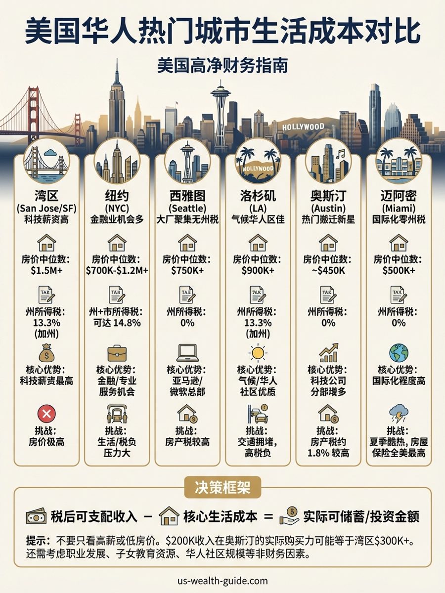 信息图：美国六大华人热门城市生活成本对比 — 湾区、纽约、西雅图、洛杉矶、奥斯汀、迈阿密的房价中位数、州税率和综合生活成本指数