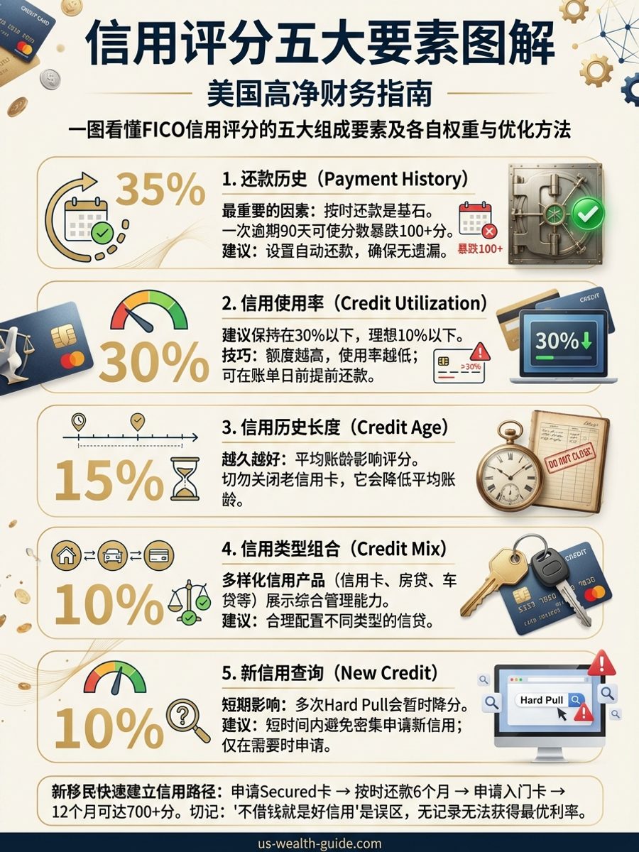 信息图：FICO信用评分五大要素 — 还款历史35%、信用使用率30%、信用历史长度15%、信用类型组合10%、新信用查询10%及优化技巧