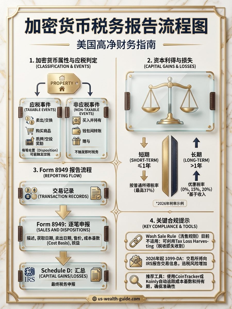 信息图:加密货币税务决策流程 — 买入/卖出/币币交换/质押/空投/NFT六类交易分流至应税事件判定,标注长期(超过1年)vs短期资本利得税率、普通收入分类、Form 8949和Schedule D报告路径、Wash Sale规则待定状态
