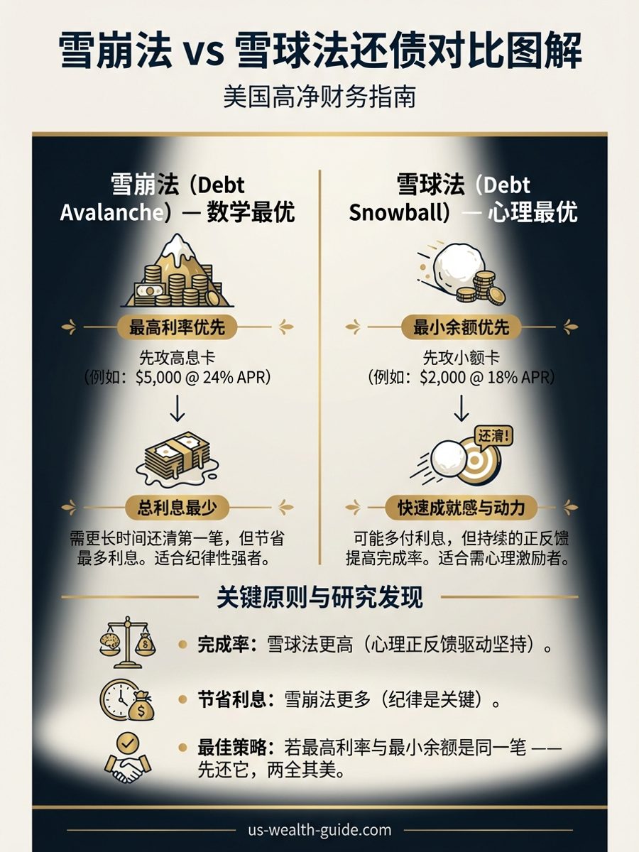 信息图：雪崩法与雪球法还债策略对比 — 雪崩法按利率从高到低省最多利息，雪球法按余额从小到大获得心理动力