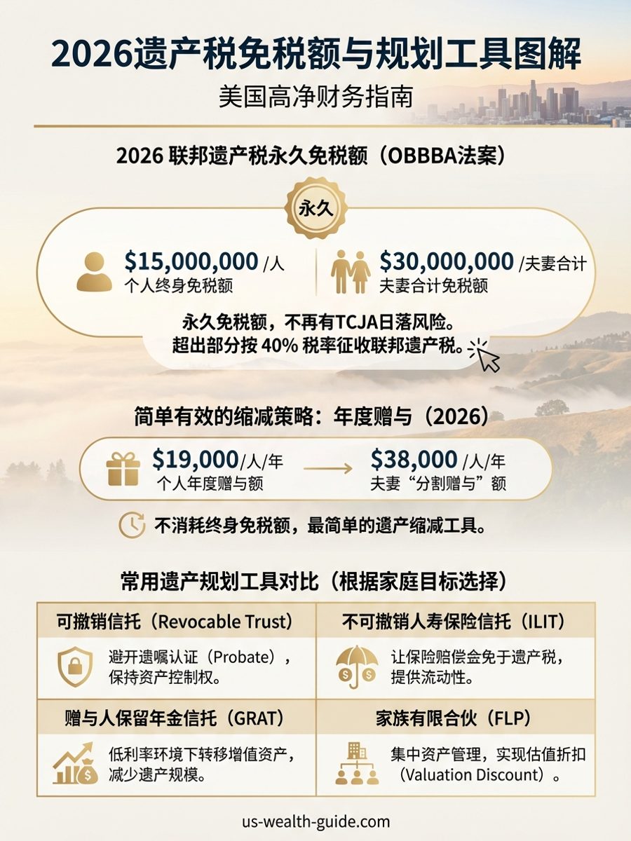 信息图：2026年遗产税免税额$1500万（OBBBA永久化）及可撤销信托、ILIT、GRAT、家族有限合伙等遗产规划工具对比