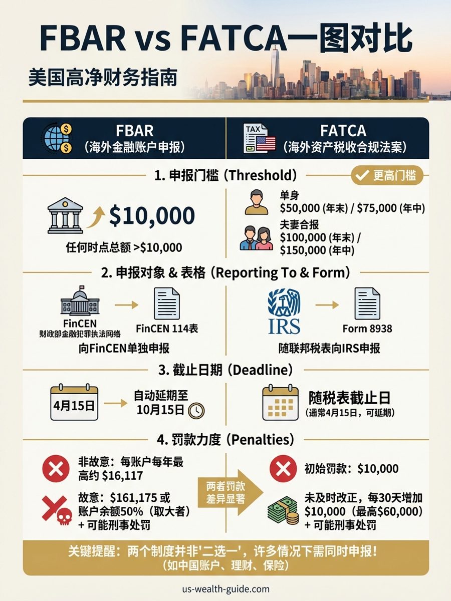 信息图:FBAR与FATCA海外资产申报对比 — 申报门槛($10,000 vs $50,000)、表格、截止日期和罚款力度四维对比