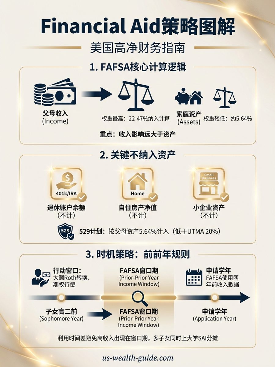 信息图：Financial Aid策略 — FAFSA计算公式中父母收入、资产权重与合法降低Student Aid Index的时机规划