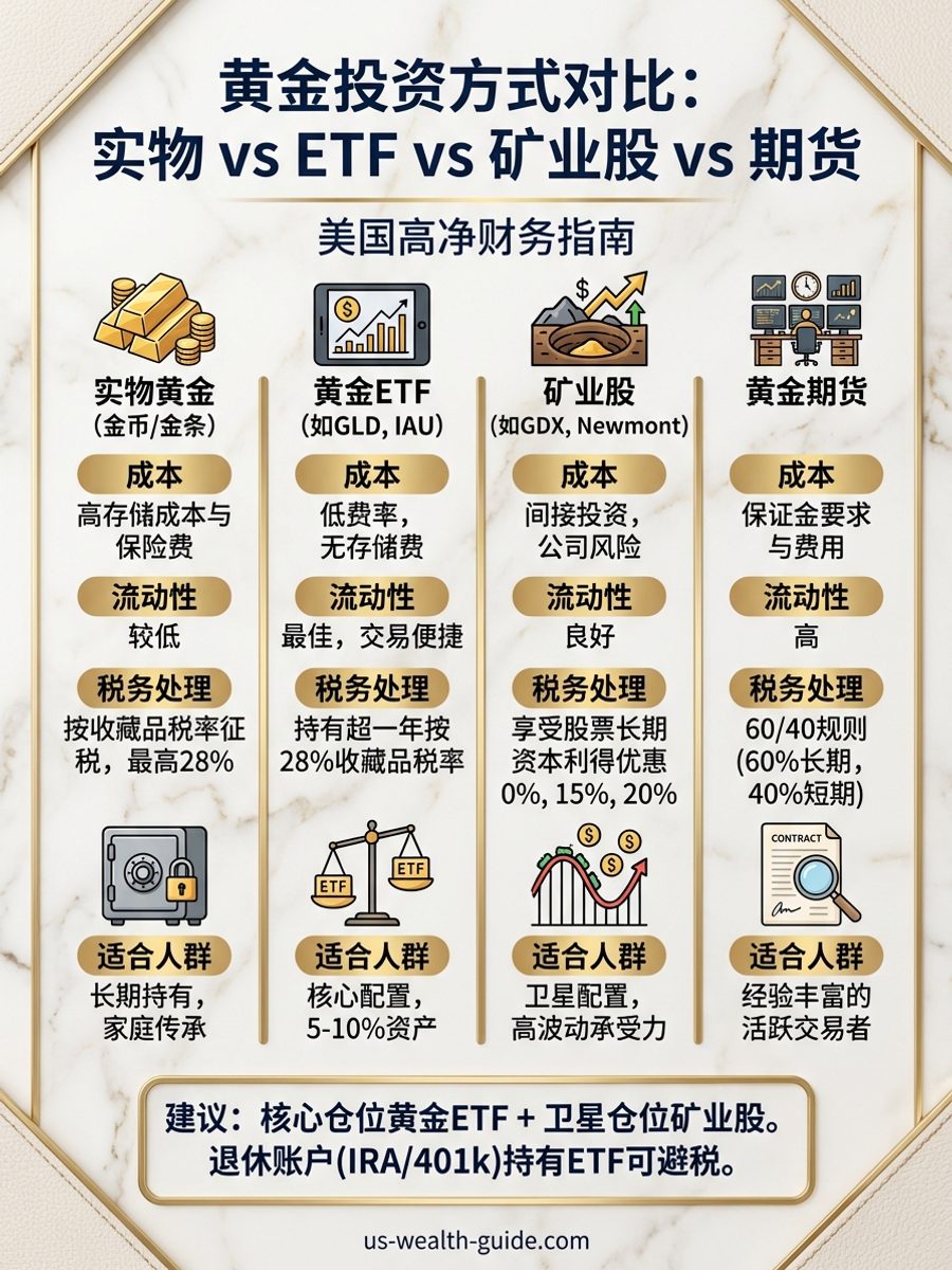 信息图:四种黄金投资方式横向对比表 — 实物黄金(金币/金条)、黄金ETF(GLD/IAU)、矿业股(GDX)和黄金期货的持有成本、流动性评级、税务分类和最低投资门槛