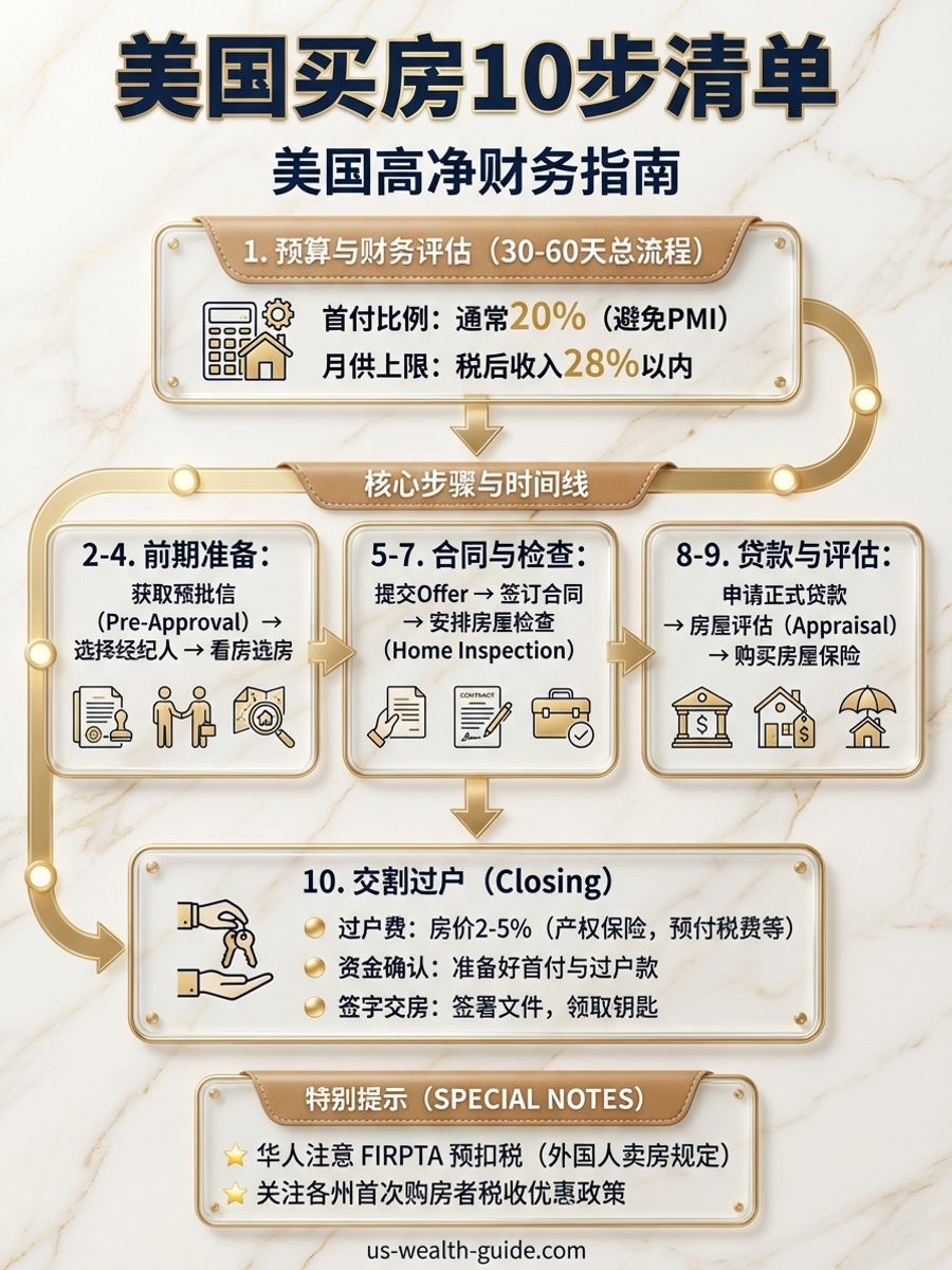 信息图：美国买房10步流程清单 — 从预算评估、预批信、看房选房到签约检查、贷款评估和交割过户的完整流程图