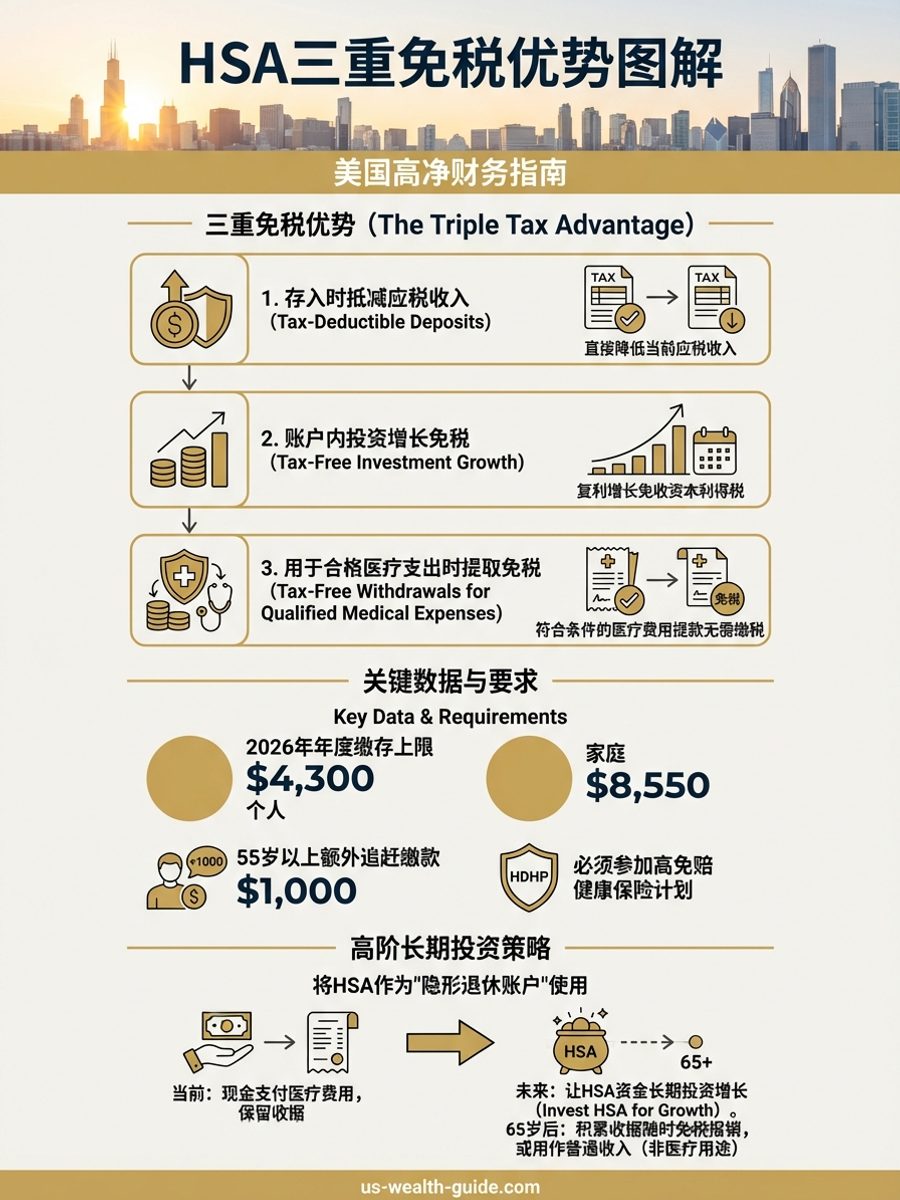 信息图：HSA健康储蓄账户三重免税优势 — 存入抵税、增长免税、医疗提取免税，含2026年缴存上限与长期投资策略