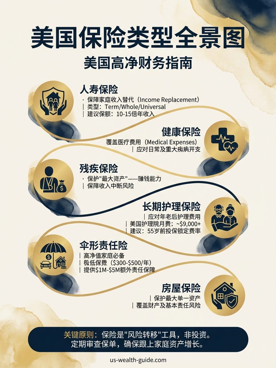信息图：美国六大保险类型全景 — 人寿保险、健康保险、残疾保险、长期护理保险、伞形责任险和房屋保险的功能与适用场景