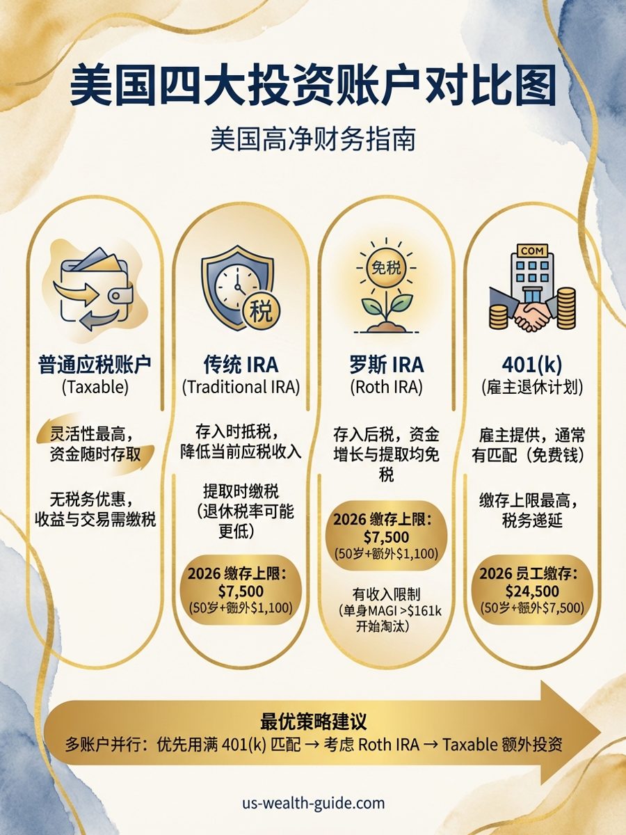 信息图：美国四大投资账户对比 — Taxable普通账户、Traditional IRA、Roth IRA和401(k)的税务处理、2026年缴存上限与适用人群对比