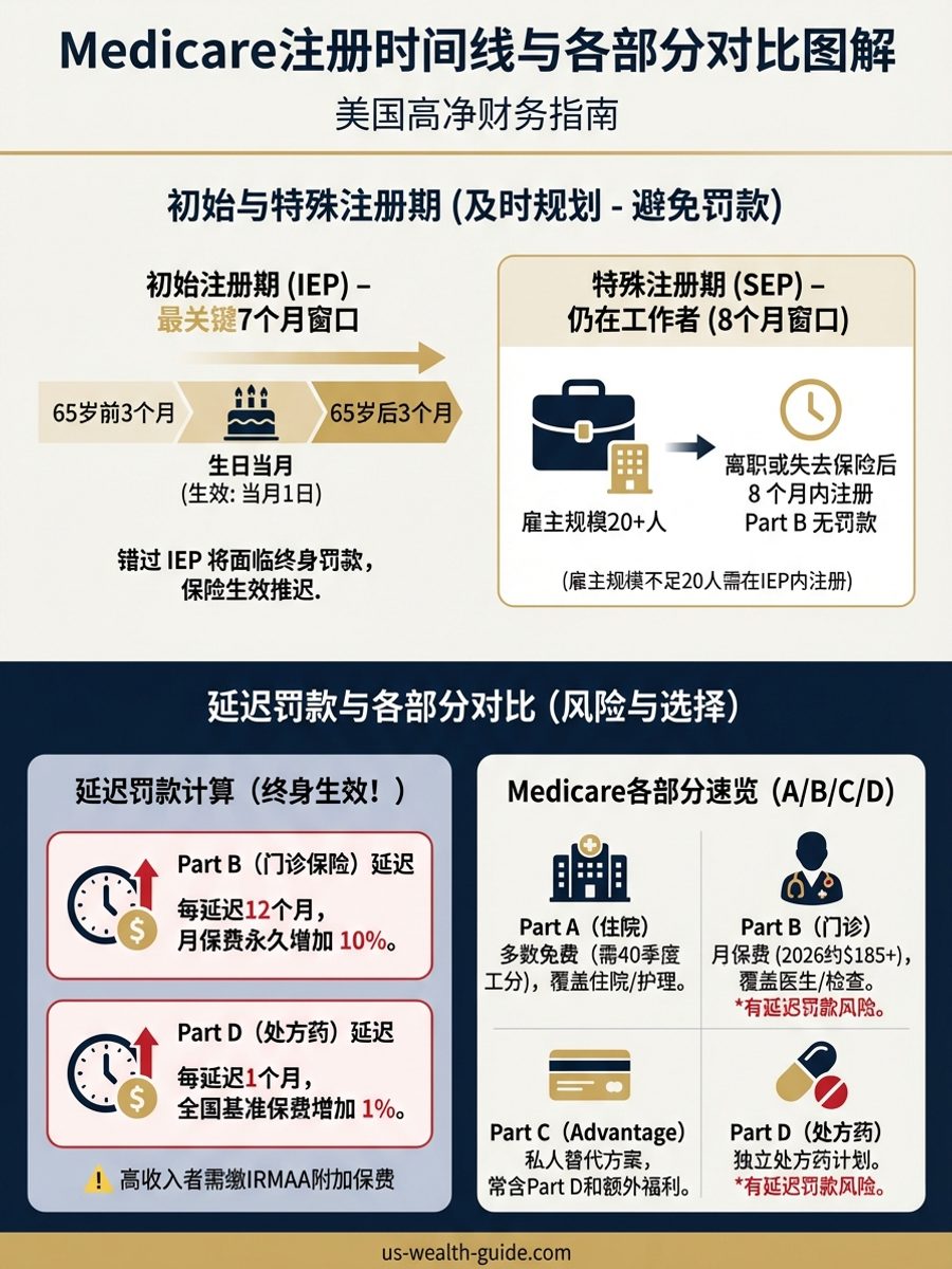 信息图：Medicare注册时间线 — 65岁前后7个月初始注册期（IEP）、一般注册期1-3月、Part B延迟罚款每年增加10%永久附加、Part A/B/C/D四部分覆盖范围与2026年费用对比表