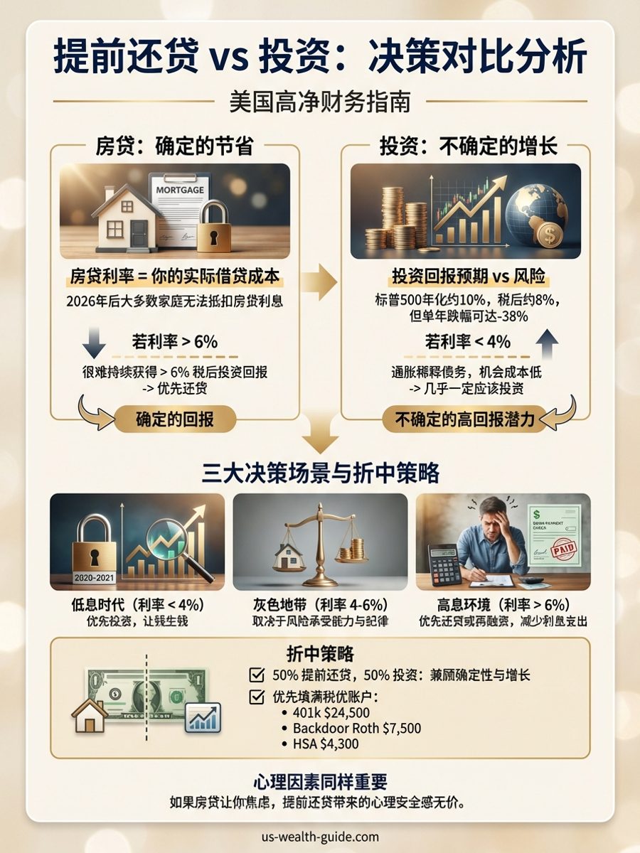 信息图:提前还贷与投资对比决策矩阵 — 房贷利率3%/5%/7%三档对应不同投资回报预期(6-10%)的盈亏平衡分析,含房贷利息抵扣税务影响、机会成本计算和心理因素考量