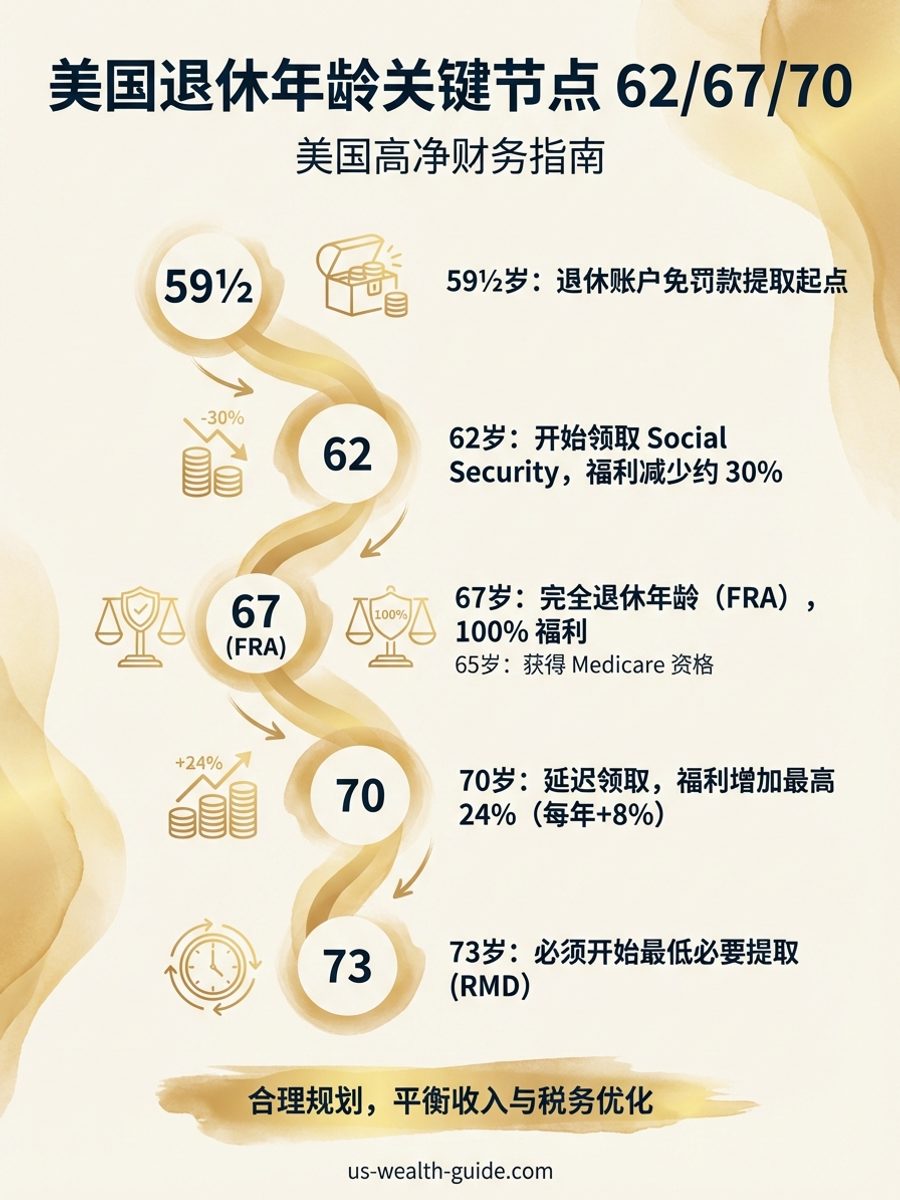 信息图：美国退休关键年龄时间线 — 59½岁免罚款提取、62岁Social Security、65岁Medicare、67岁完全退休、70岁延迟信用、73岁RMD