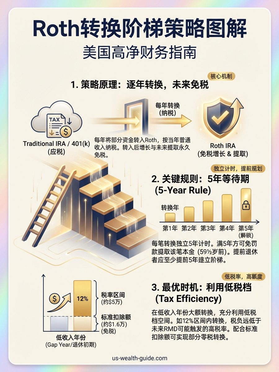 信息图：Roth转换阶梯策略 — 逐年将Traditional IRA转入Roth IRA、5年等待期规则与低税年份转换时机优化