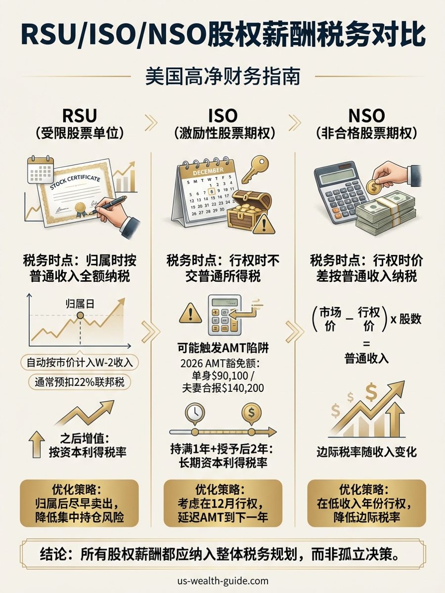 信息图：RSU、ISO和NSO三种股权薪酬税务对比 — 授予、归属、行权、卖出各阶段的税务处理与优化策略